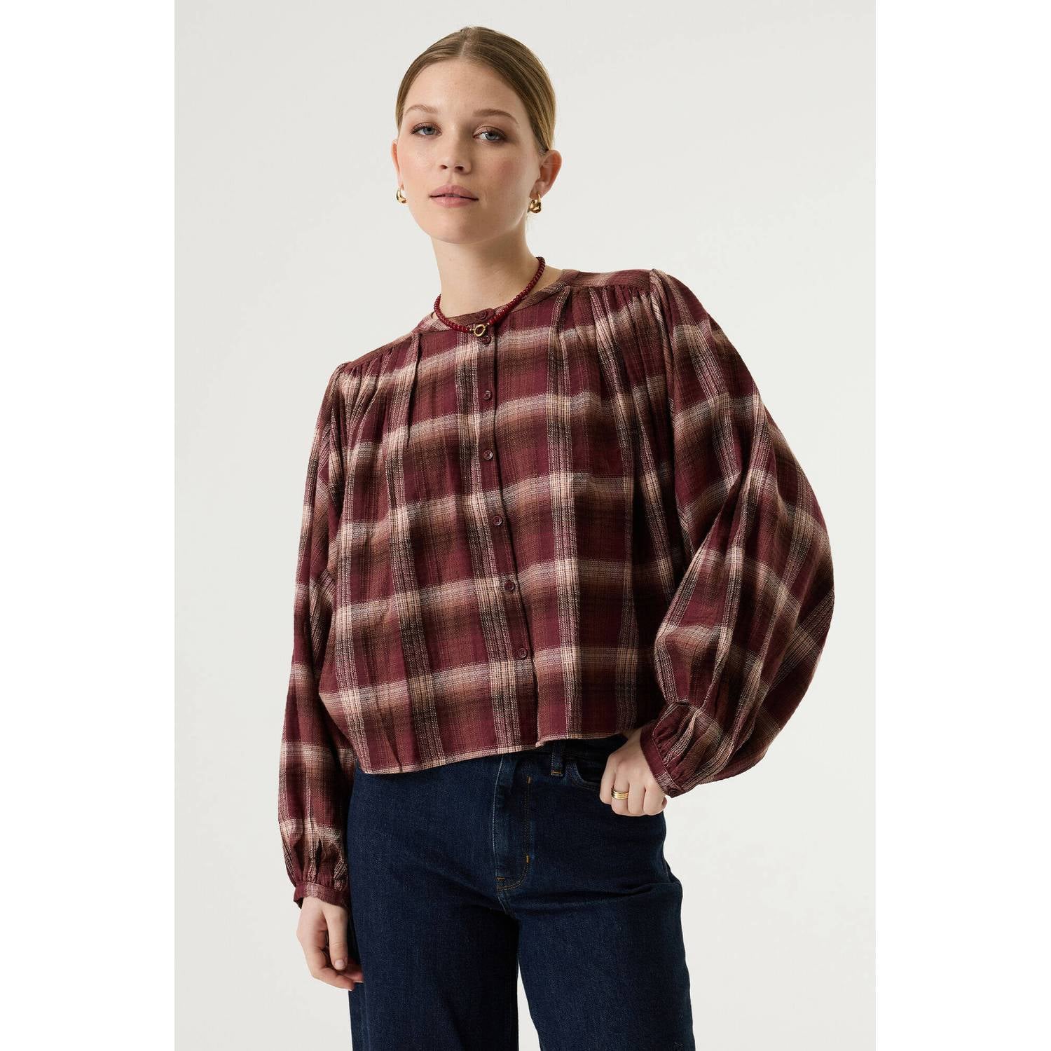 Garcia geruite blouse donkerrood