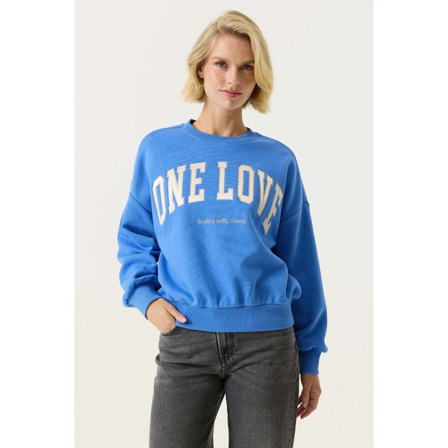 Garcia katoenen sweater met print blauw