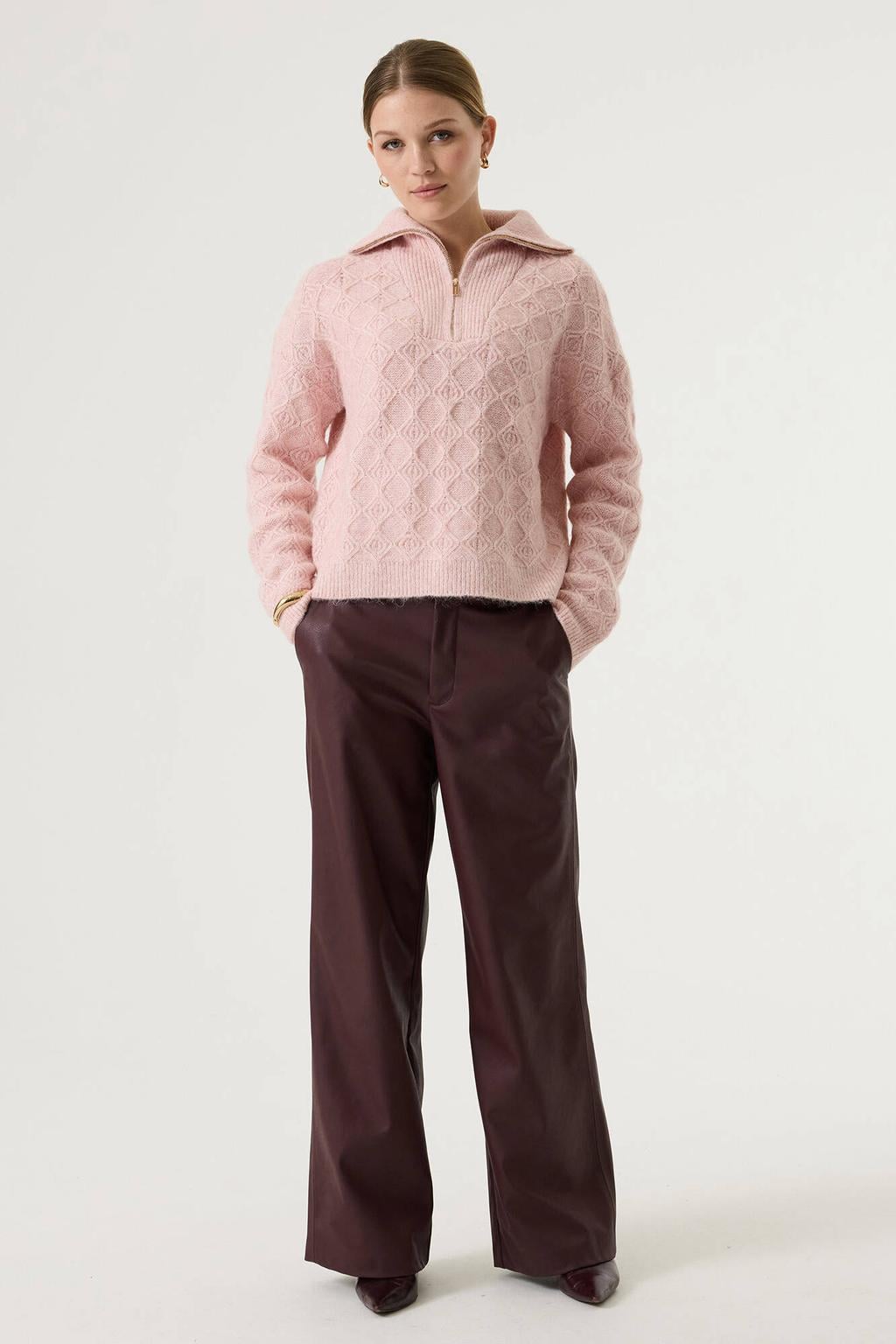 Donkerrode dames Garcia imitatieleren wide leg broek met rits- en haaksluiting