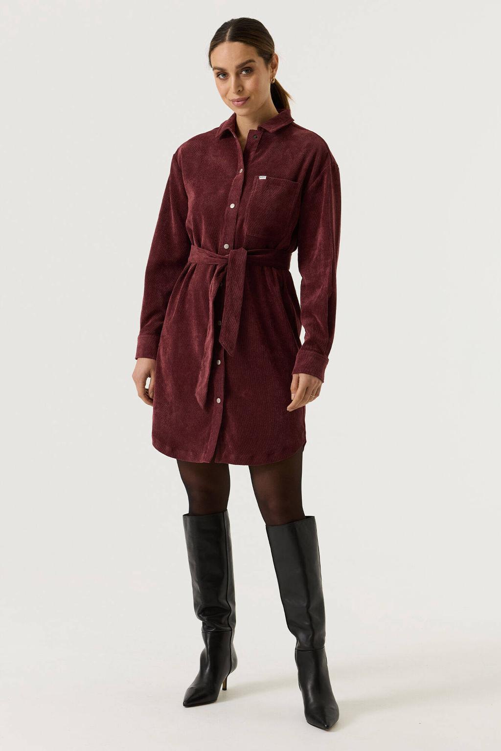 Garcia corduroy mini blousejurk met ceintuur - donkerrood