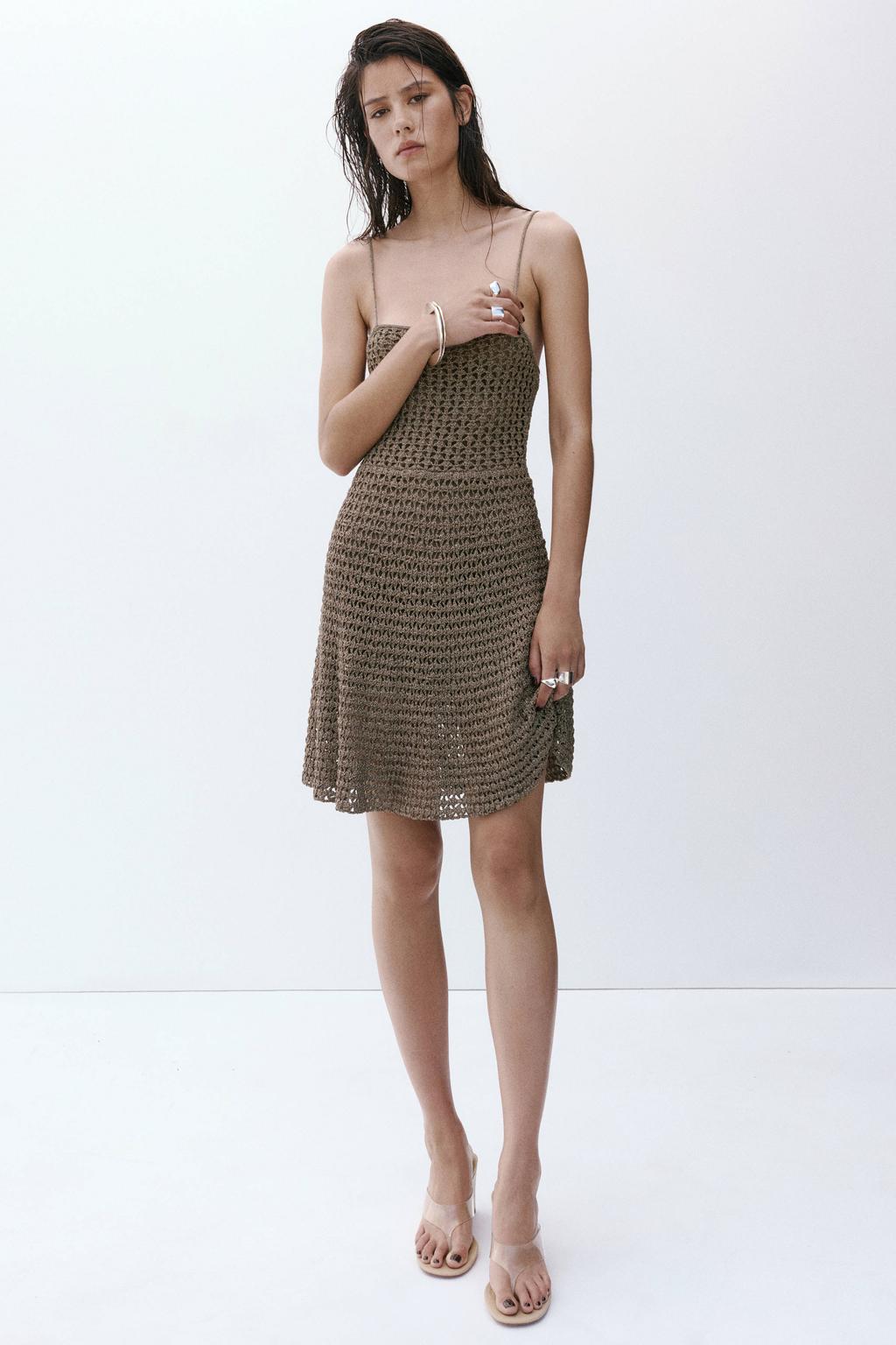 Gouden dames Mango mini jurk van polyester met effen, spaghettibandjes en vierkante hals