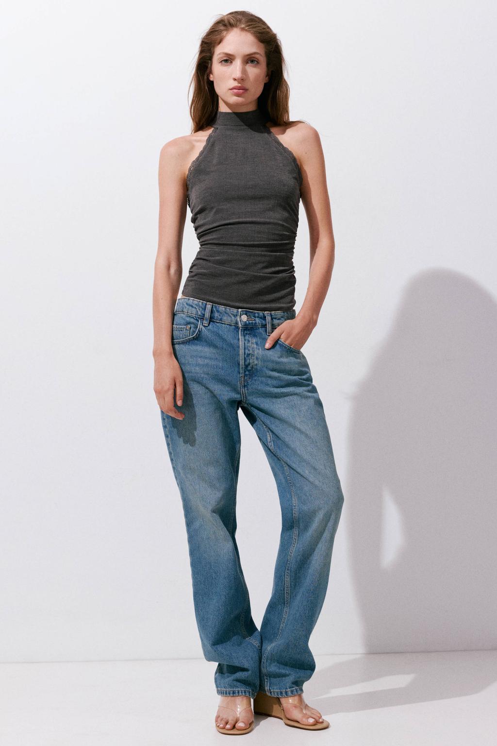 Grijze dames Mango top van polyester met effen, halterkraag en kant