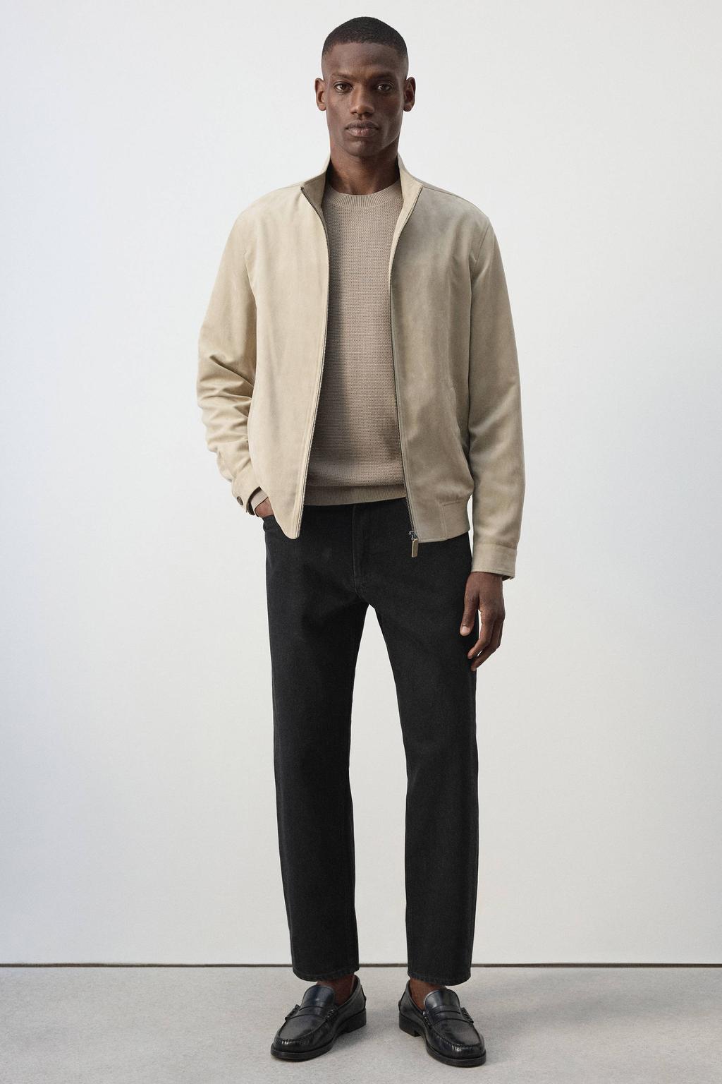 Beige heren Mango Man suèdelook bomberjack met effen, lange mouwen, ritssluiting en geribde boorden