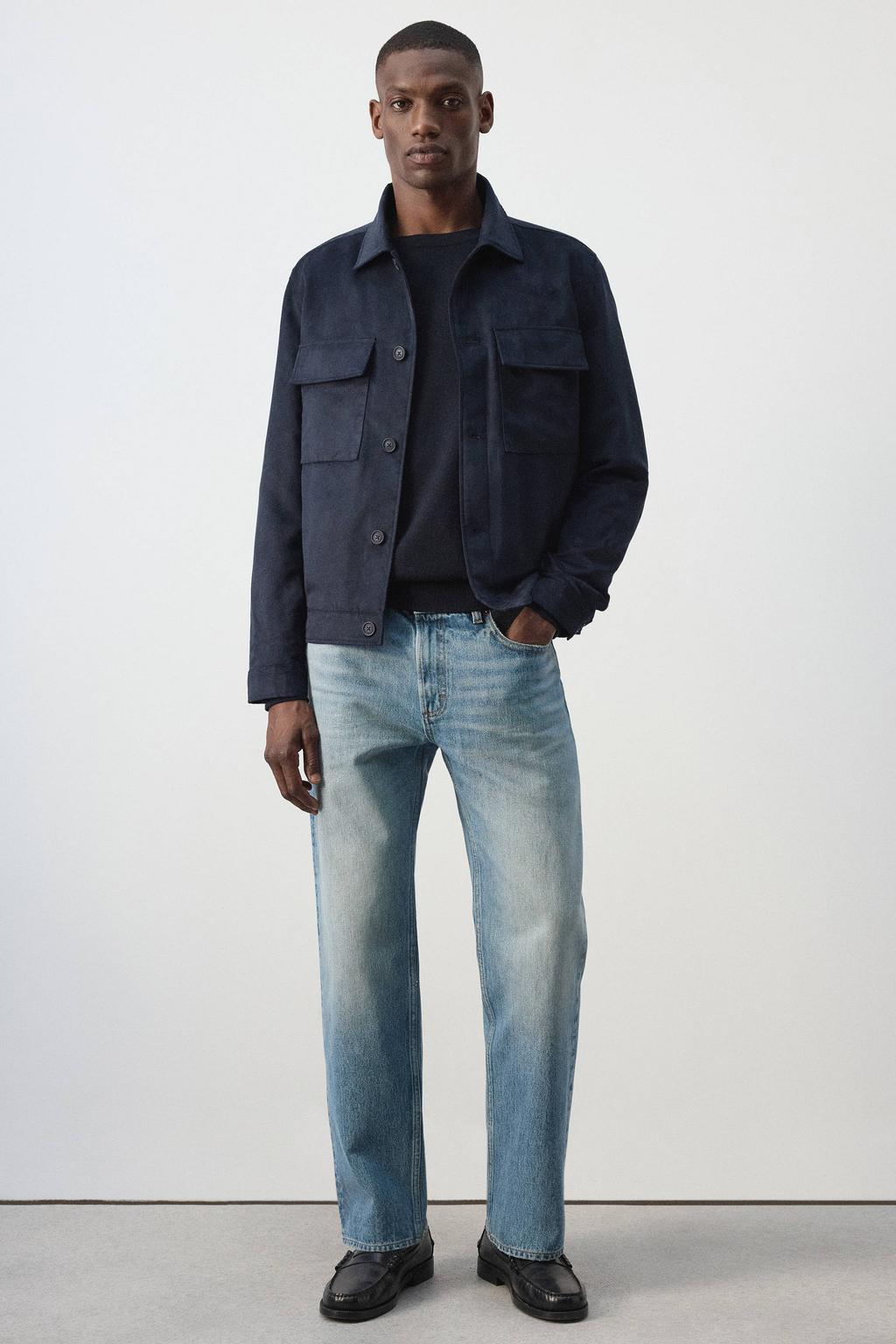 Donkerblauwe heren Mango Man suèdelook regular fit overshirt met effen, lange mouwen en klassieke kraag