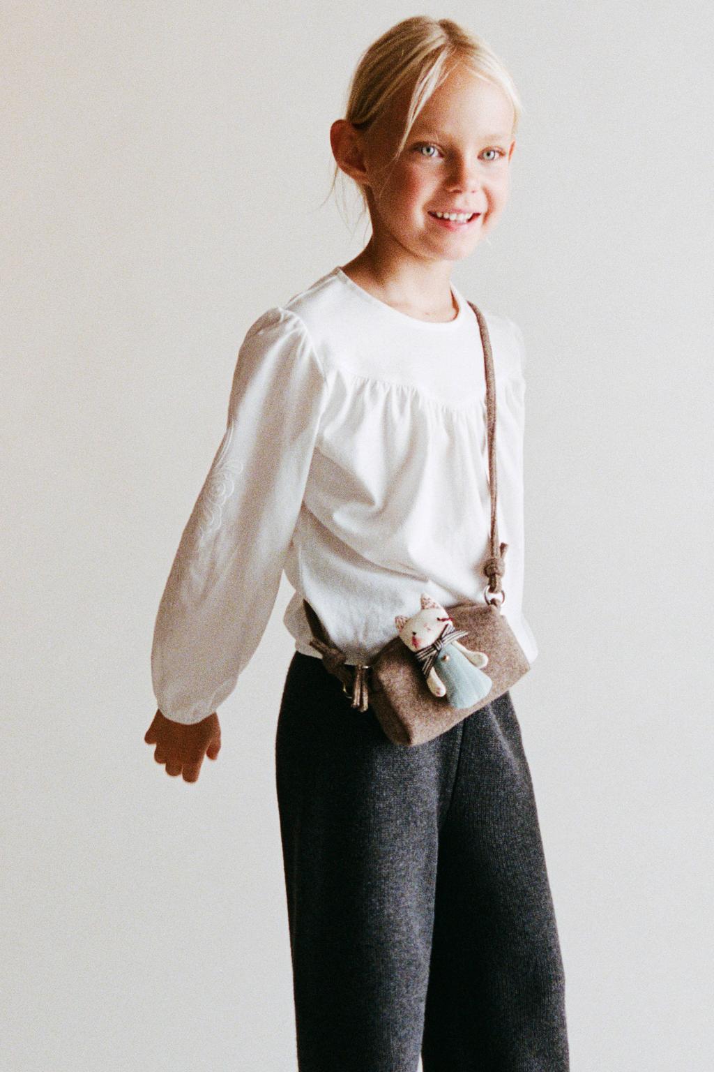 Witte meisjes Mango Kids blousetop van katoen met effen, lange mouwen, ronde hals, knoopsluiting en borduursels