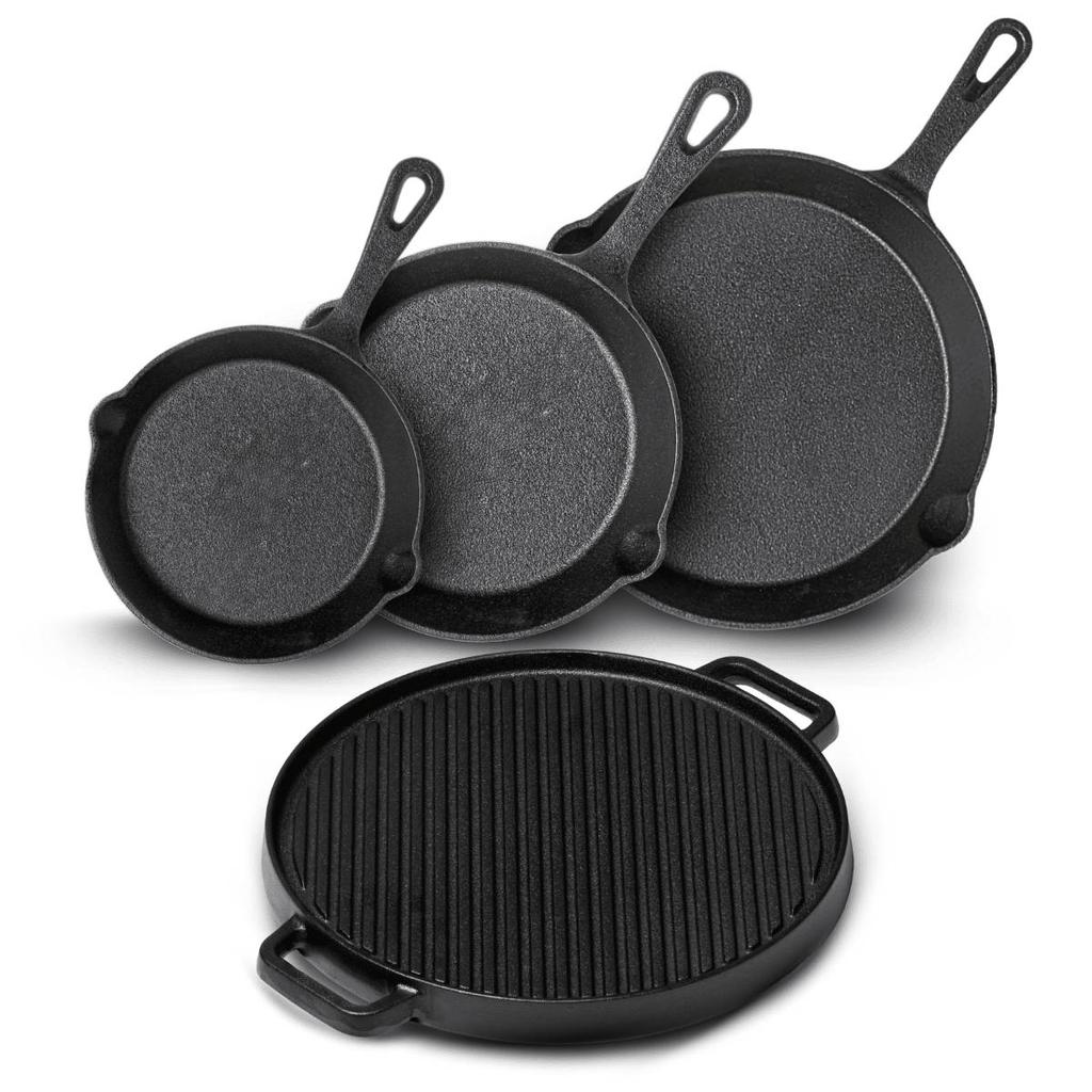 Blackwell Pannenset Gietijzer 4-Delig Koekenpan 16, 20 & 25 cm & Grillplaat ø 30 cm - geschikt voor alle warmtebronnen - zonder anti-aanbaklaag
