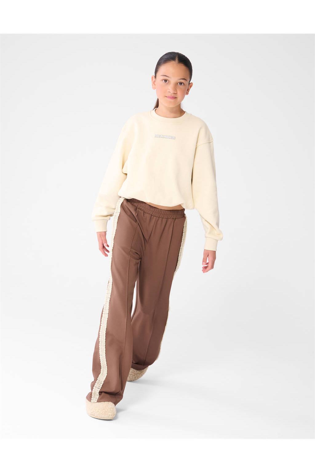 Bruine meisjes Shoeby casual broek van polyester met high waist, elastische tailleband en effen