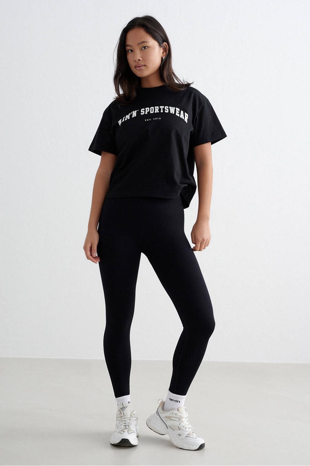 Zwarte dames Aim'n sportshirt van katoen met korte mouwen en ronde hals