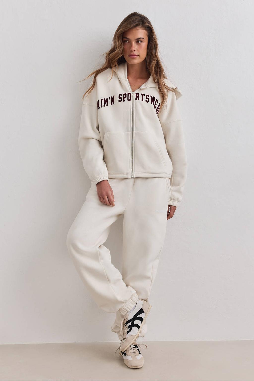 Crème dames Aim'n sportbroek van katoen met loose fit en regular waist