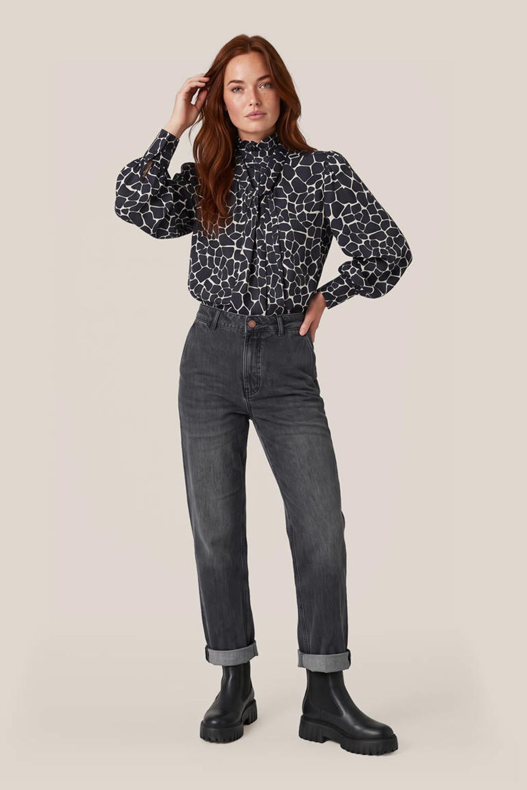 Zwarte dames Mart Visser X Caroline Tensen blouse van polyester met lange mouwen, opstaande kraag en knoopsluiting