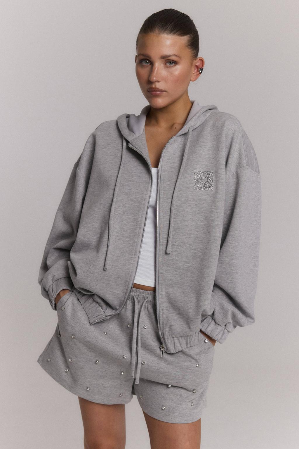 Grijs melange dames Refined Department rechtvallend sweatvest van polyester met logo dessin, lange mouwen, capuchon en ritssluiting