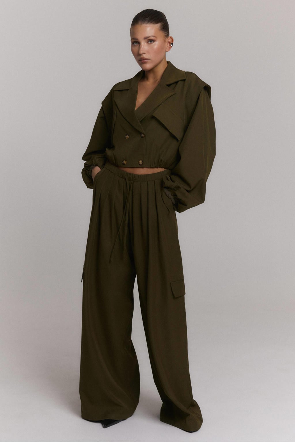 Donkergroene dames Refined Department wide leg cargobroek van viscose met elastische tailleband met koord en effen