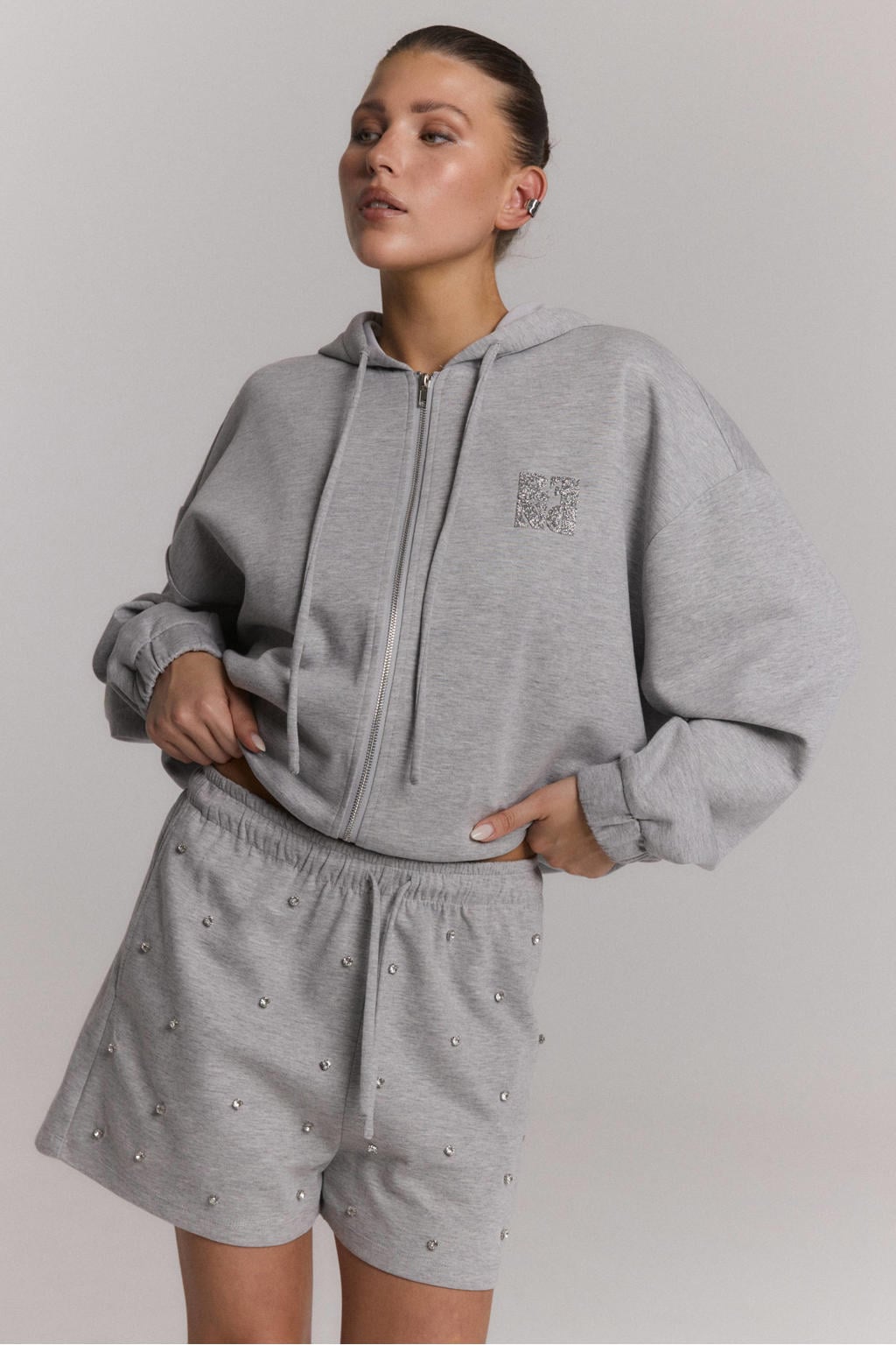 Grijs melange dames Refined Department wide leg sweatshort met elastische tailleband met koord en effen
