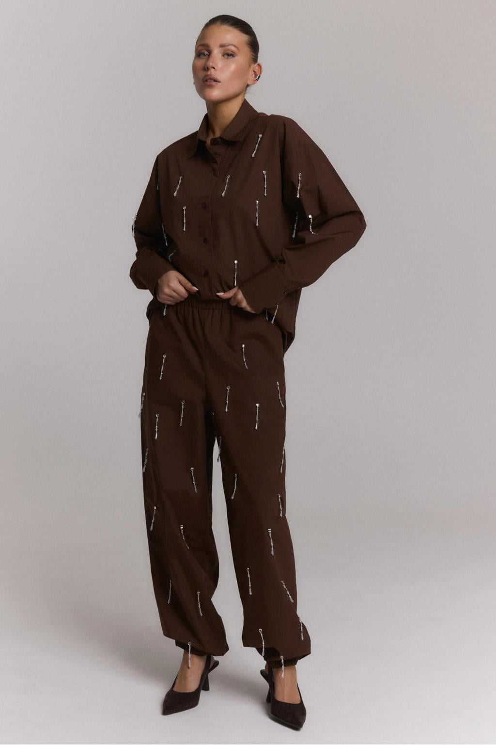 Donkerblauwe dames Refined Department ballonbroek met regular waist, elastische tailleband en effen