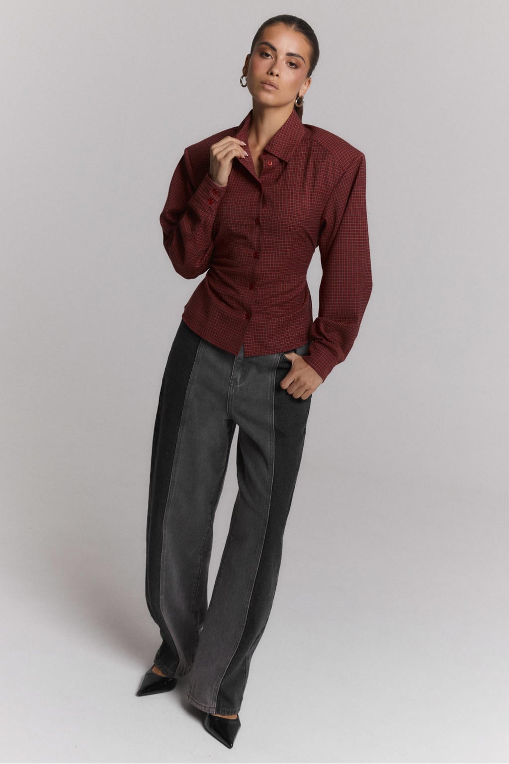 Grey denim dames Refined Department barrel gestreepte jeans met regular waist en rits- en knoopsluiting