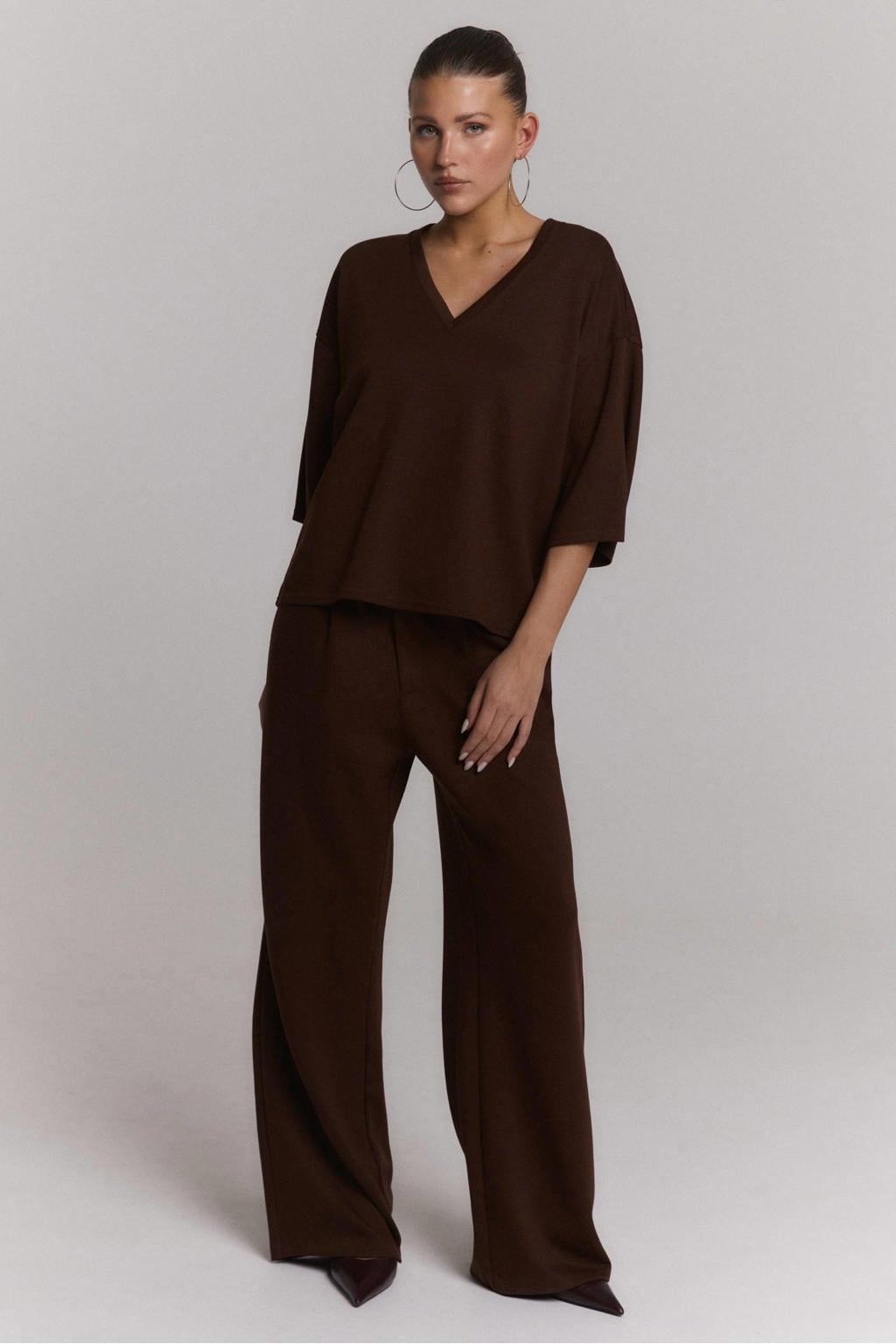 Donkerblauwe dames Refined Department wide leg pantalon van viscose met rits- en haaksluiting en effen