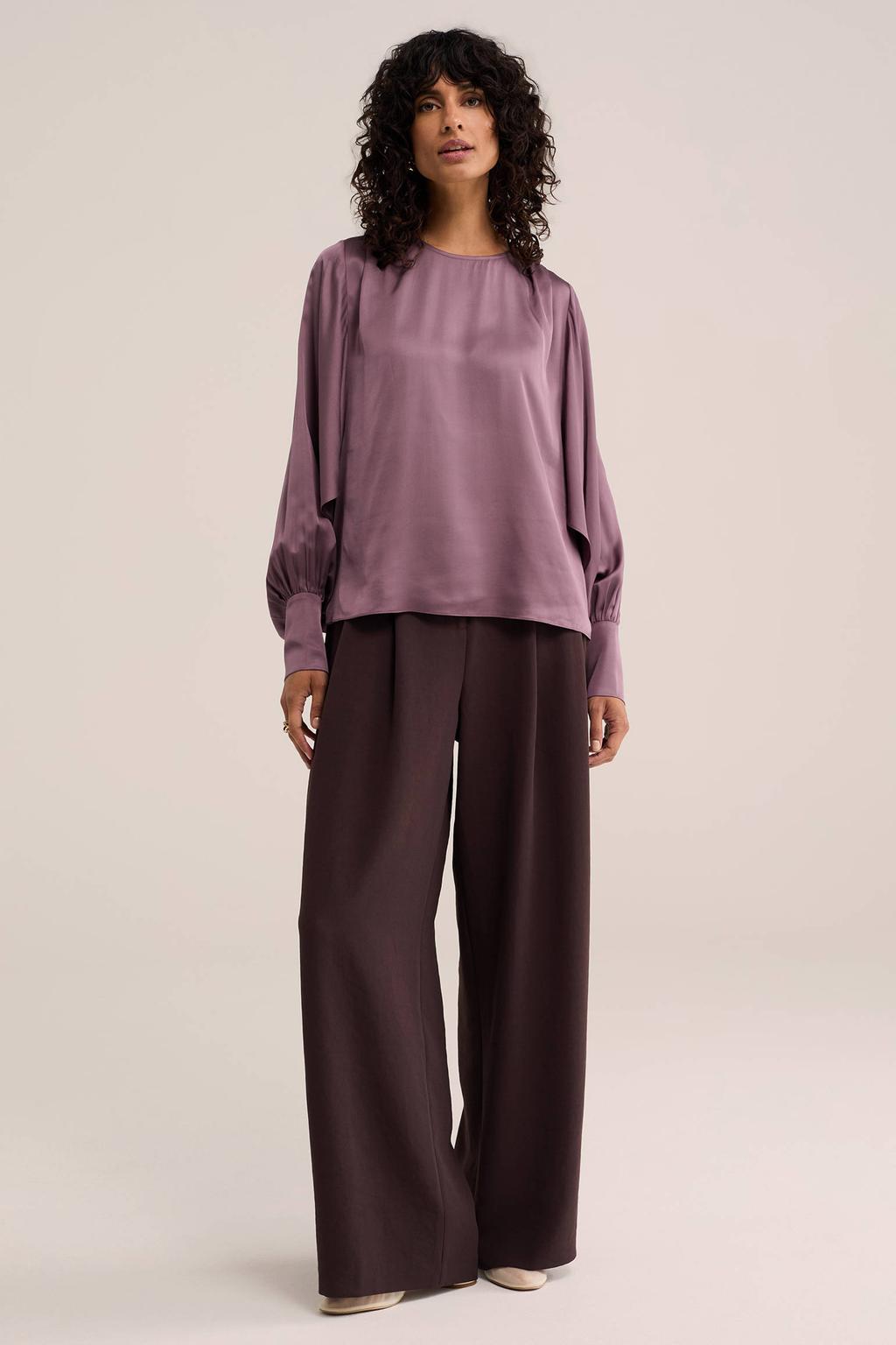 Paarse dames WE STUDIO top van viscose met effen, lange mouwen en ronde hals