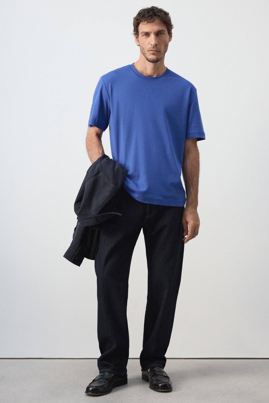 Blauwe heren Mango Man regular fit T-shirt van katoen met effen, korte mouwen en ronde hals