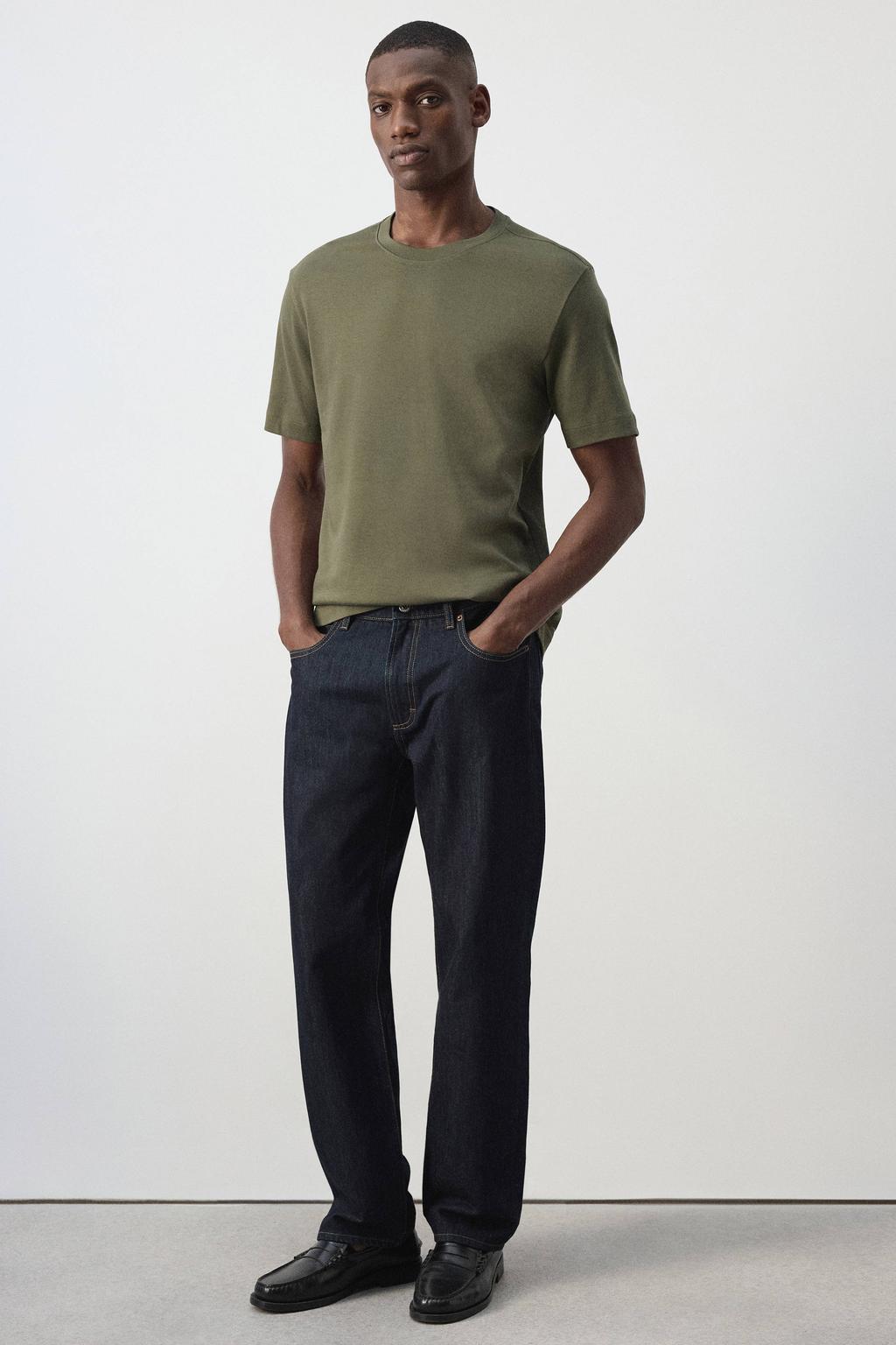 Groene heren Mango Man regular fit T-shirt van katoen met effen, korte mouwen en ronde hals