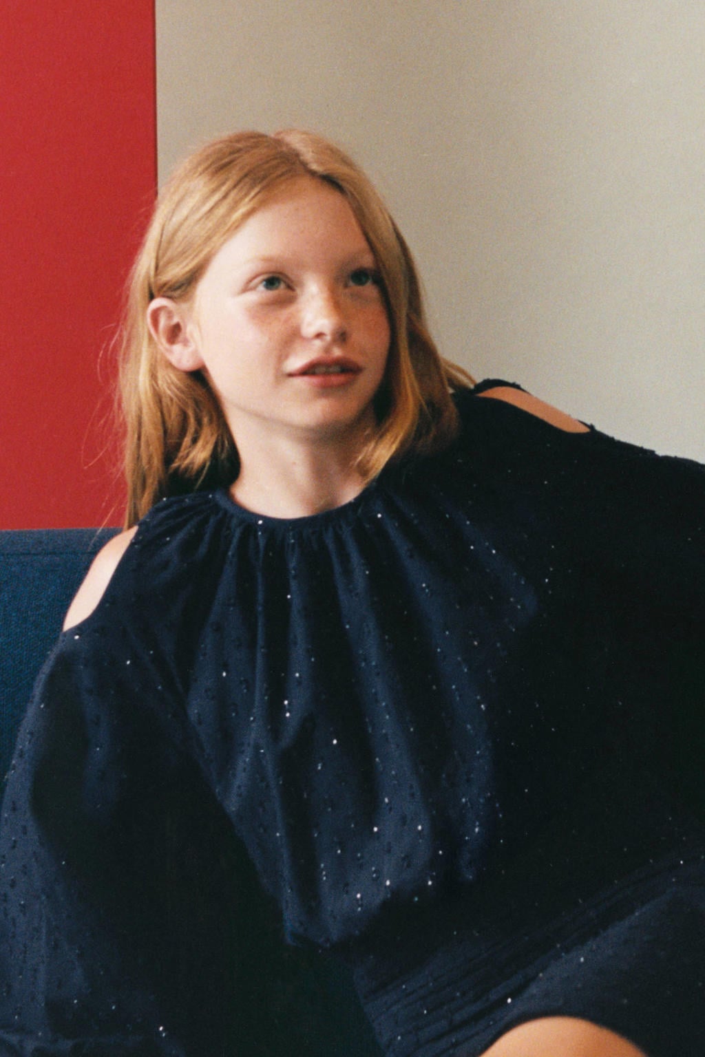 Marineblauw meisjes Mango Kids metaal midi blousejurk schouders met smockwerk blauw van katoen met effen, lange mouwen en ronde hals