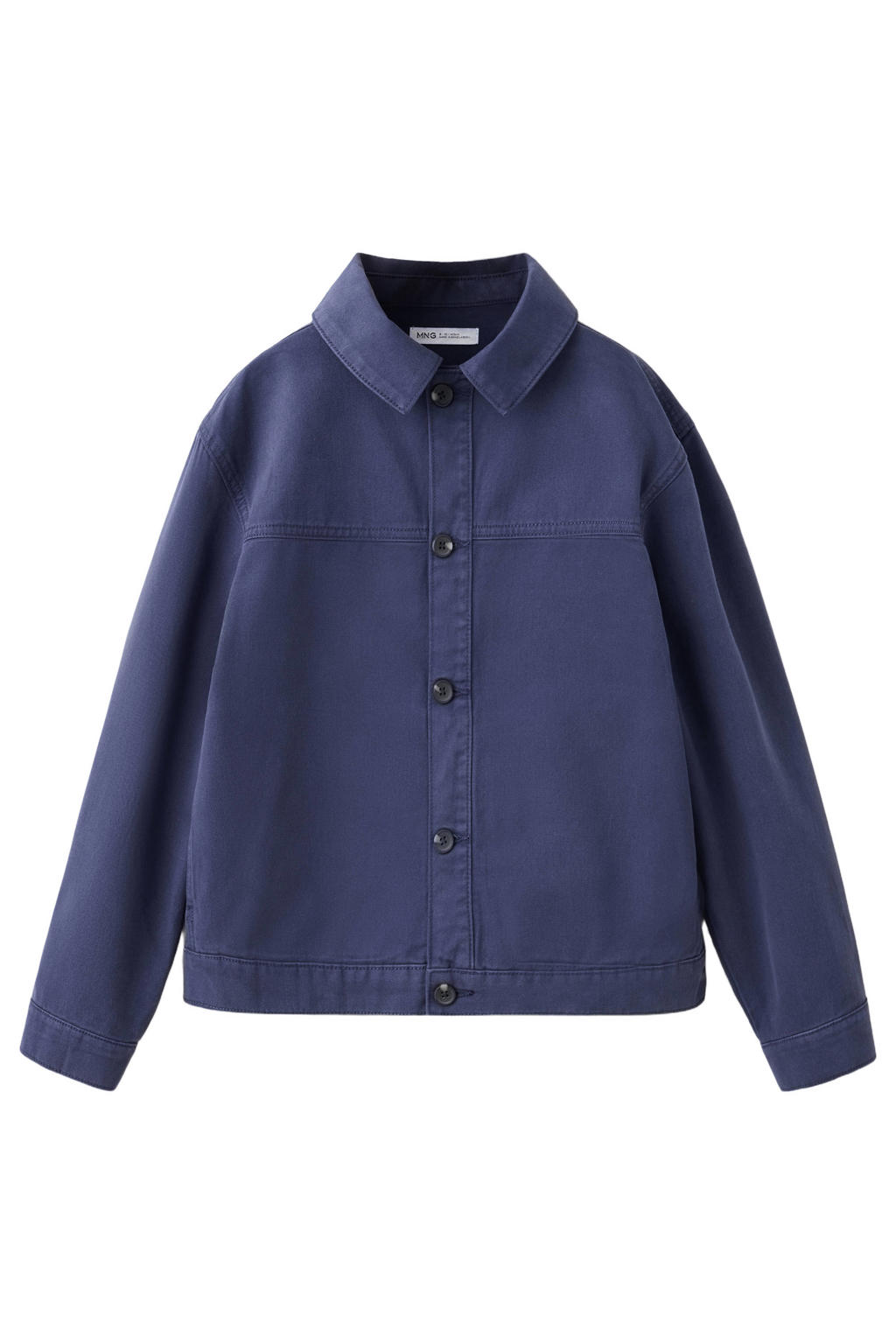 Donkerblauwe jongens Mango Kids katoenen spijkerjas met lange mouwen, klassieke kraag en knoopsluiting