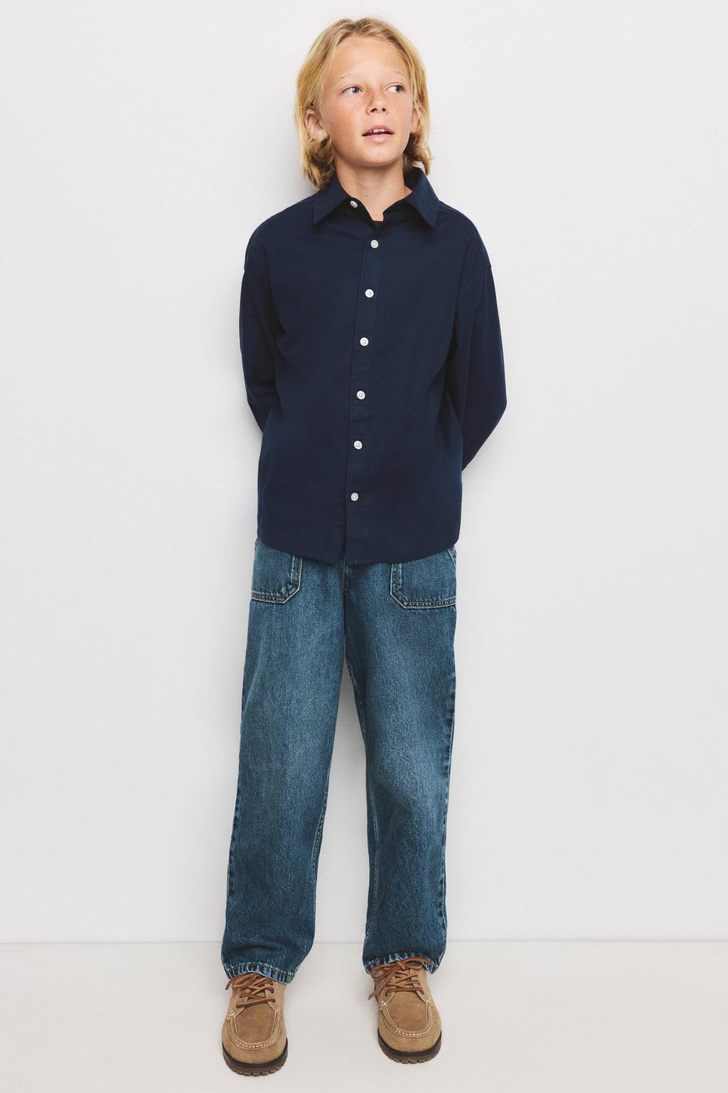 Marineblauw jongens Mango Kids overhemd blauw van katoen met effen, lange mouwen, klassieke kraag en knoopsluiting
