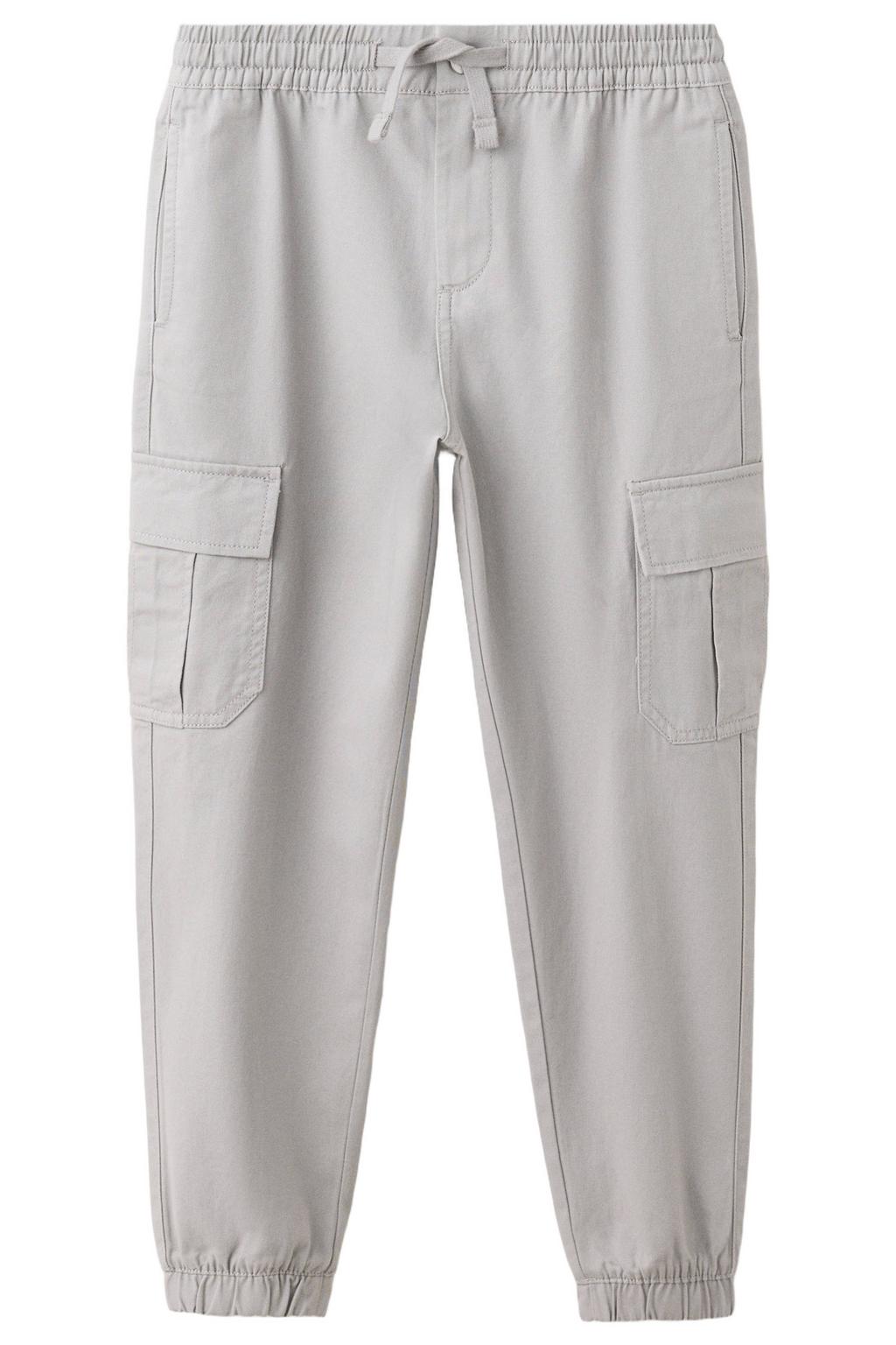 Grijze jongens Mango Kids cargobroek van katoen met elastische tailleband met koord en effen