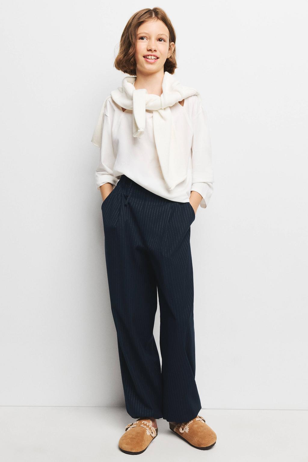 Marineblauw meisjes Mango Kids ballonbroek en krijtstreep blauw van polyester met elastische tailleband