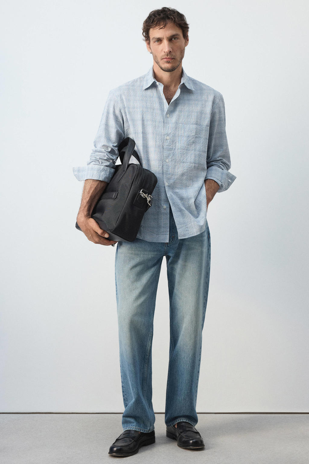 Mango Man relaxed fit geruit overhemd - middenblauw
