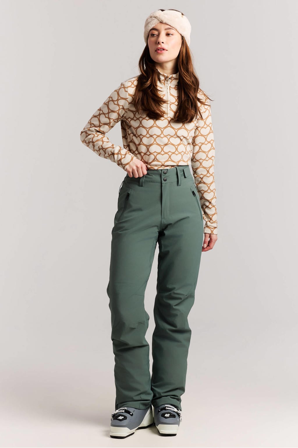 Groene dames Protest PRTCinnamones skibroek van polyester met rits- en drukknoopsluiting en effen
