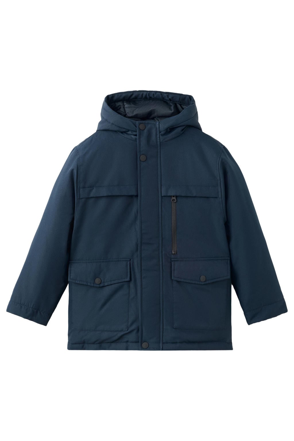 Marineblauw jongens Mango Kids gewatteerde winterjas blauw van polyester met effen, lange mouwen, capuchon en rits- en knoopsluiting
