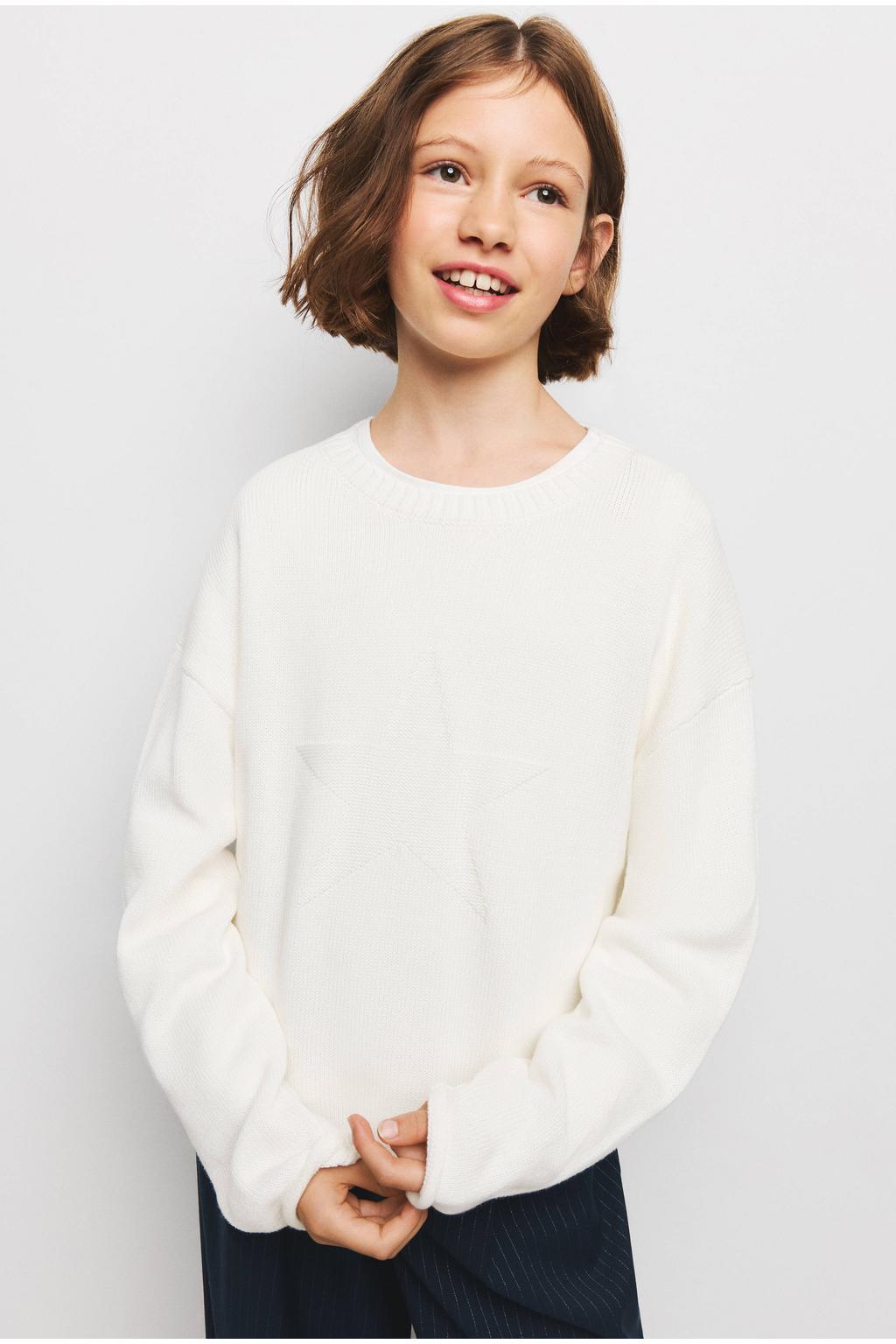 Ecru meisjes Mango Kids katoenen gebreide trui met sterrenprint, lange mouwen en ronde hals