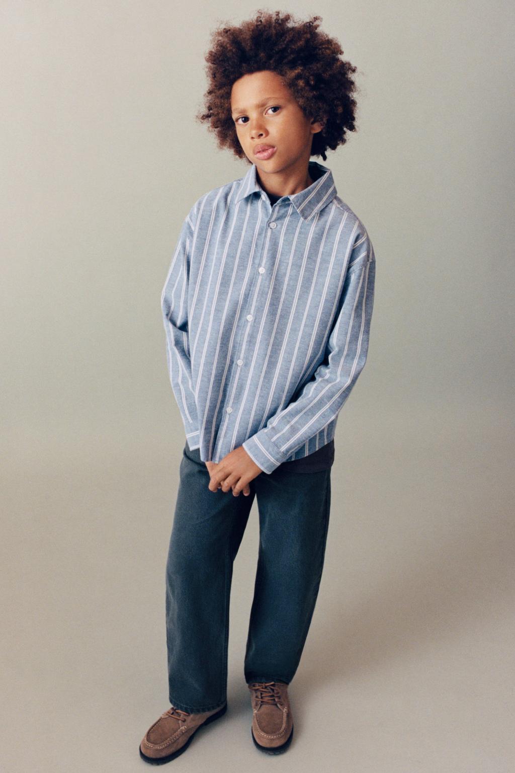 Blauw en witte jongens Mango Kids gestreept overhemd van katoen met lange mouwen, klassieke kraag en knoopsluiting