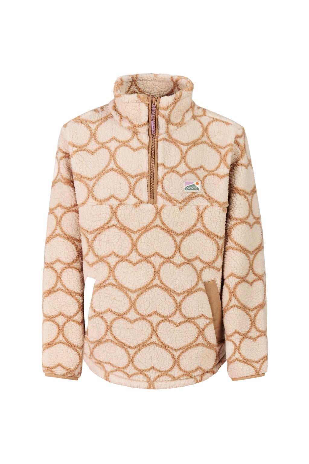 Beige en lichtbruine meisjes Protest rechtvallende teddy sweater met hartjesprint, lange mouwen, opstaande kraag en halve rits