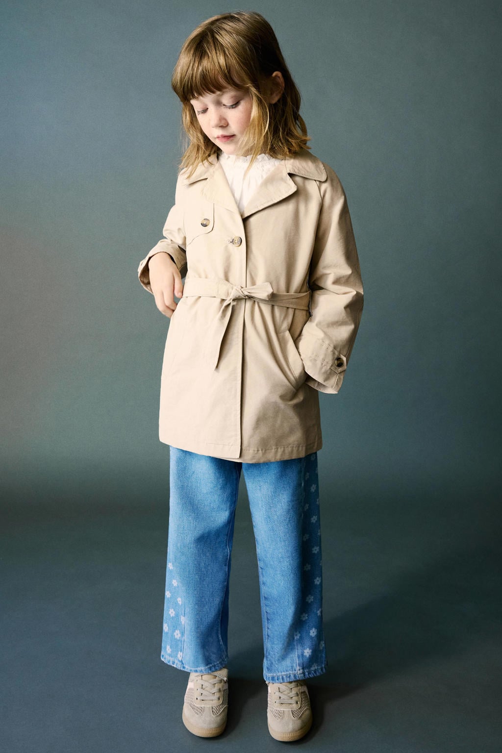 Beige meisjes Mango Kids katoenen trenchcoat met knoopsluiting