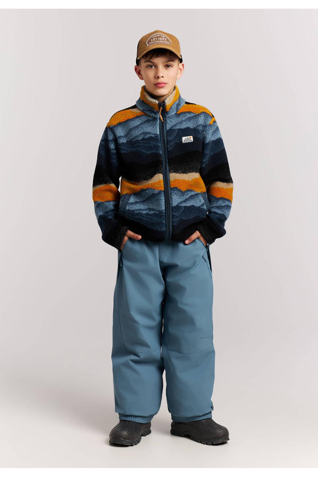 Blauw en oranje jongens Protest fleecevest van polyester met meerkleurige print, lange mouwen, opstaande kraag en ritssluiting