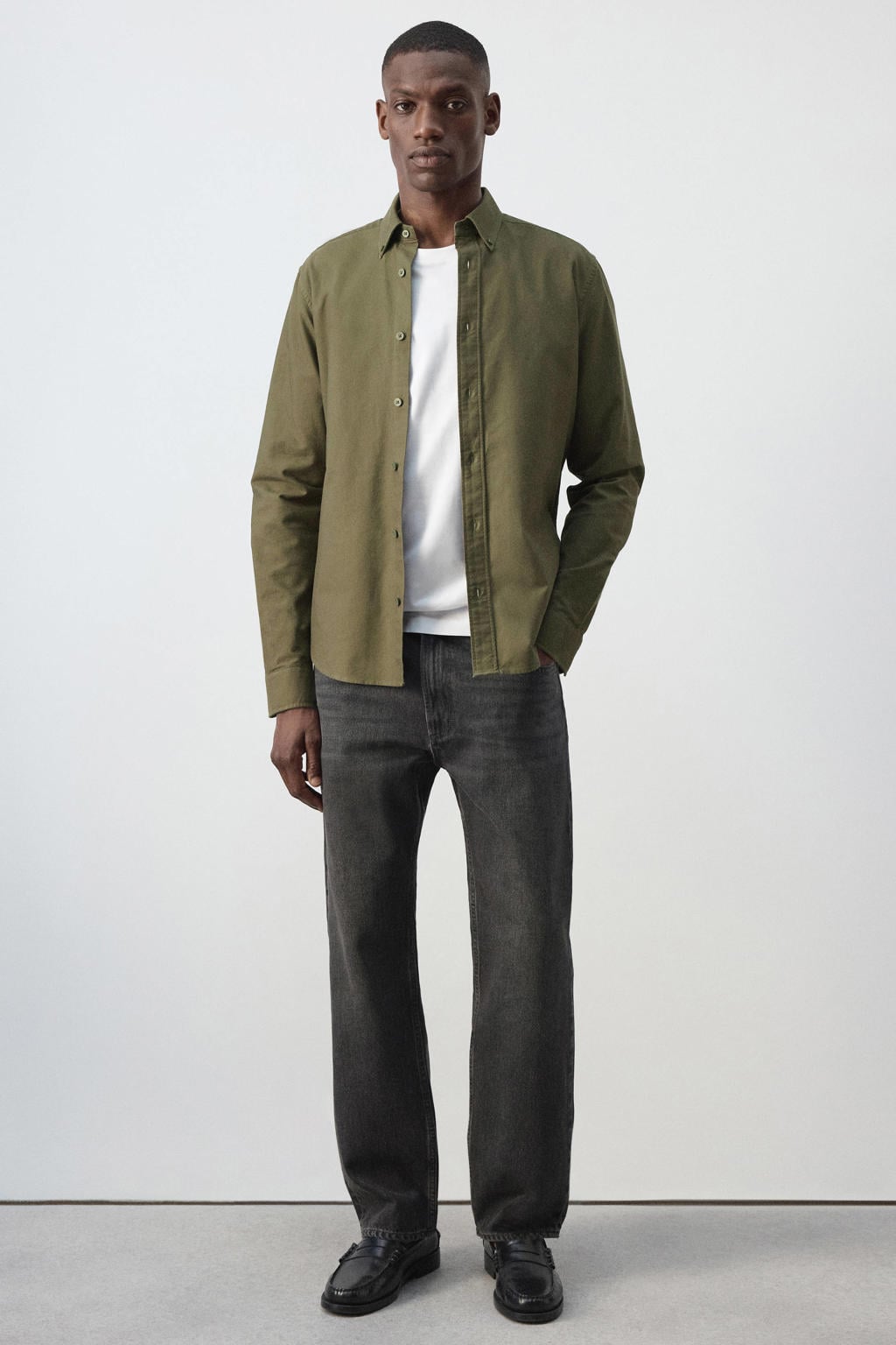 Donkergroene heren Mango Man regular fit oxford overhemd van katoen met effen, lange mouwen en klassieke kraag