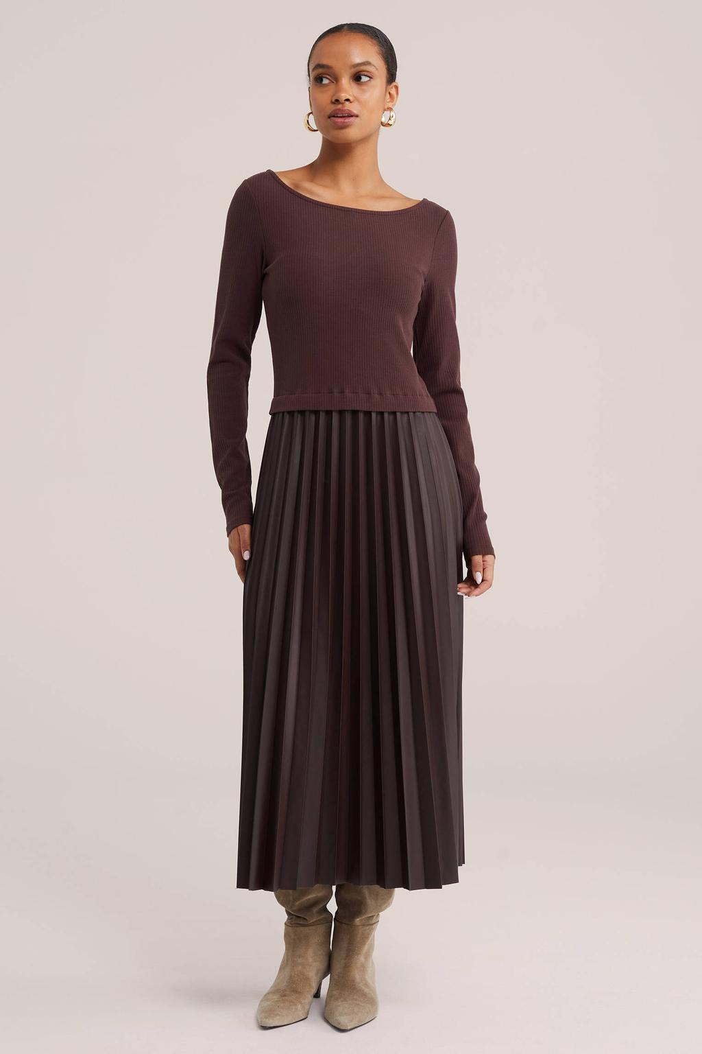 Bruine dames WE Fashion midi jurk van katoen met effen, lange mouwen, ronde hals en plooien