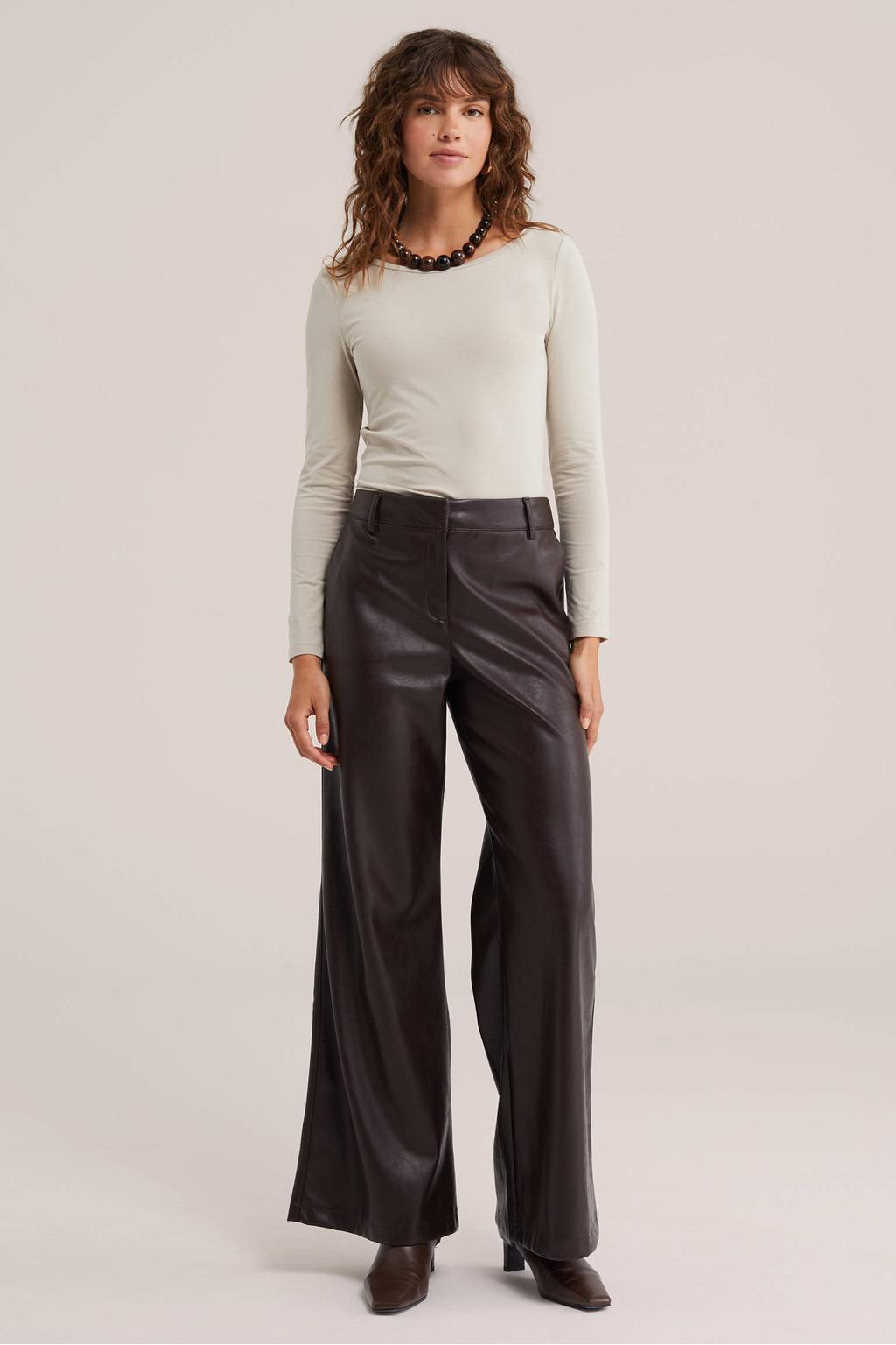 Beige dames WE Fashion longsleeve van stretchkatoen met effen, lange mouwen en boothals