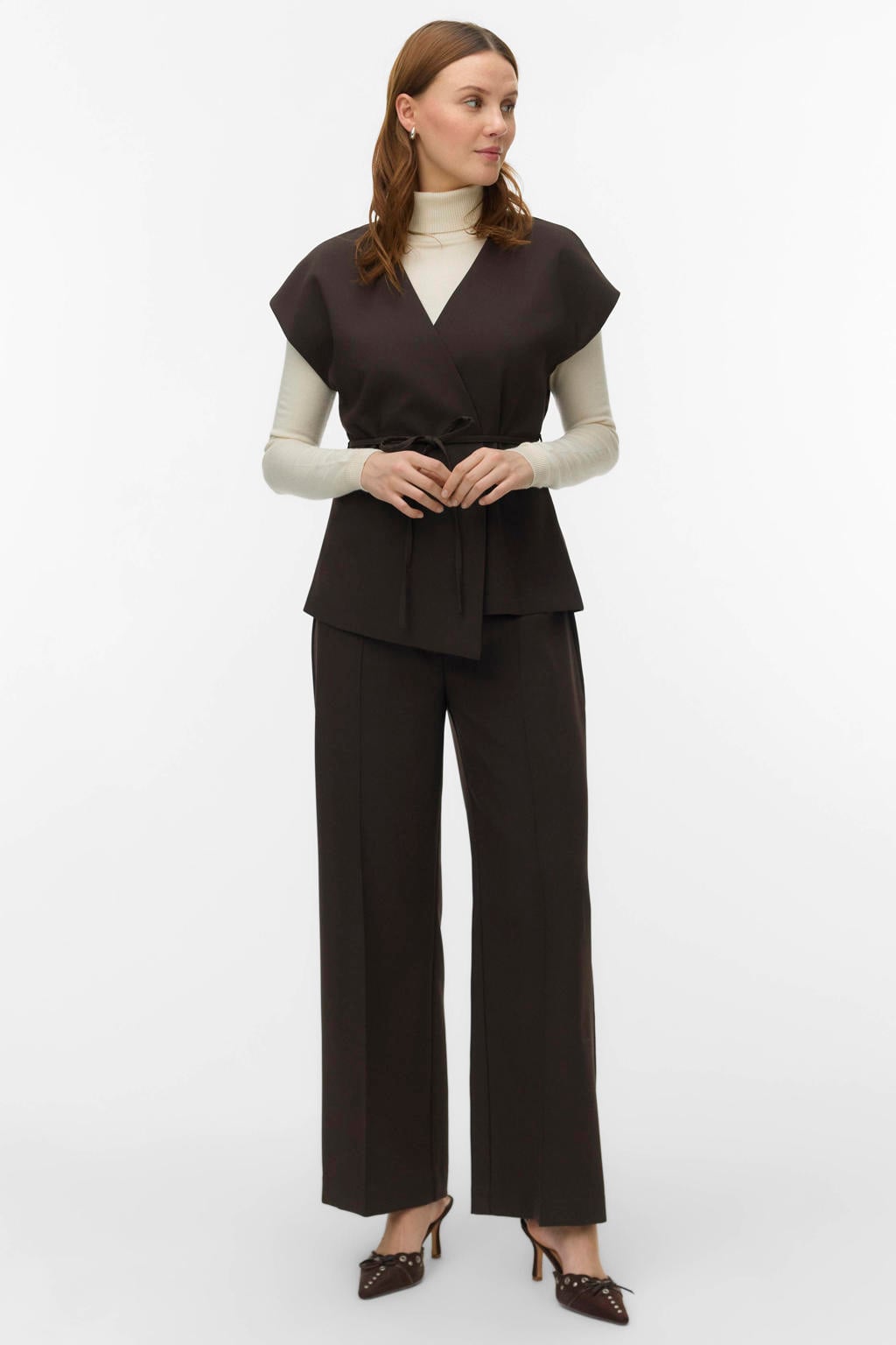 Donkerblauwe dames AWARE wide leg casual broek met high waist, rits- en haaksluiting en effen