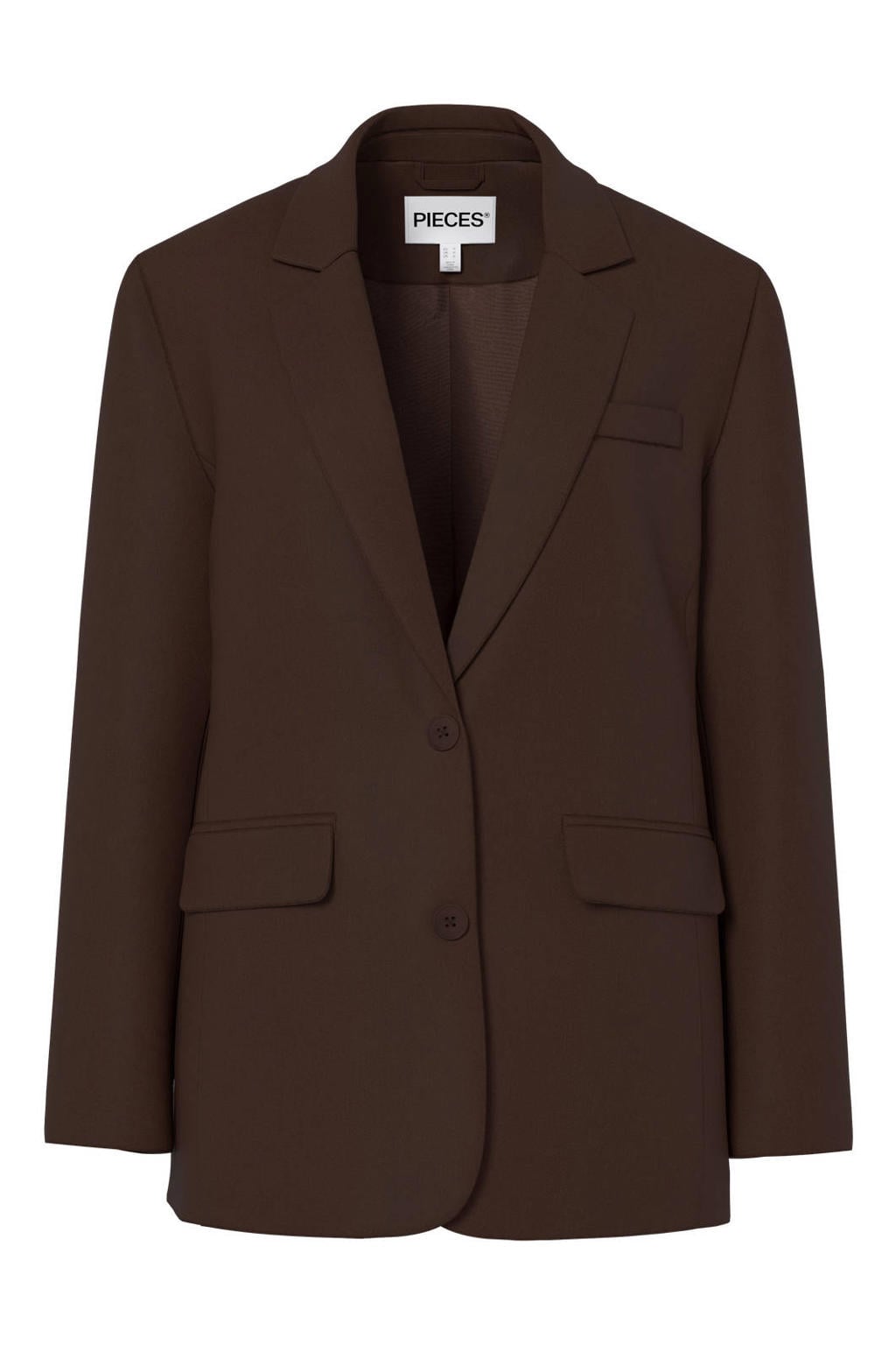 Bruine dames PIECES Curve regular blazer Plus Size van polyester met effen, lange mouwen en knoopsluiting