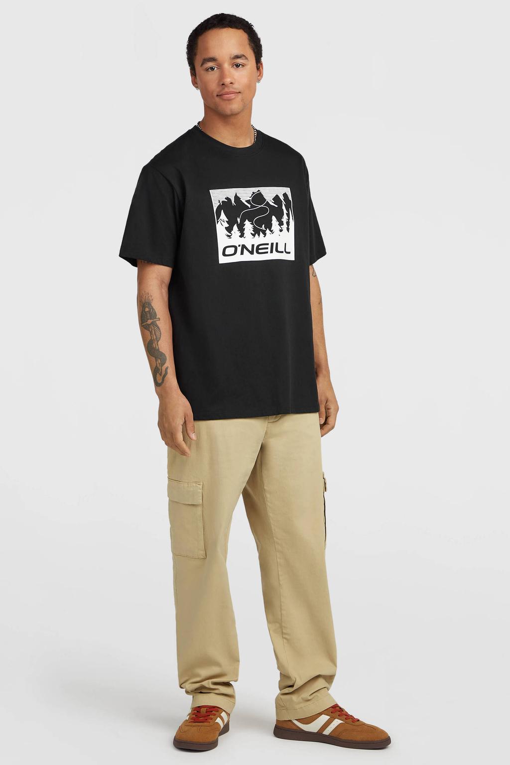 Zwarte heren O'Neill outdoor T-shirt van katoen met printopdruk, korte mouwen en ronde hals