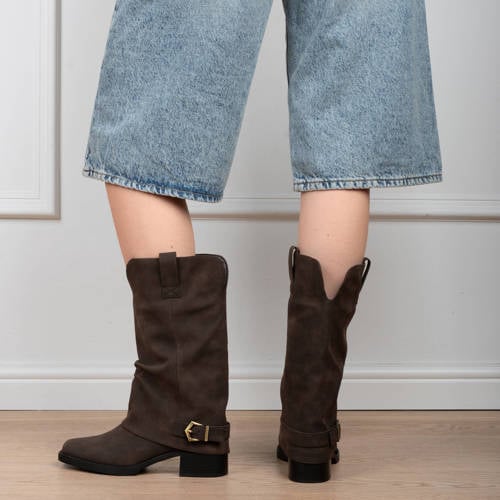 POSH by Poelman Denise suède bikerboots met blokhak bruin