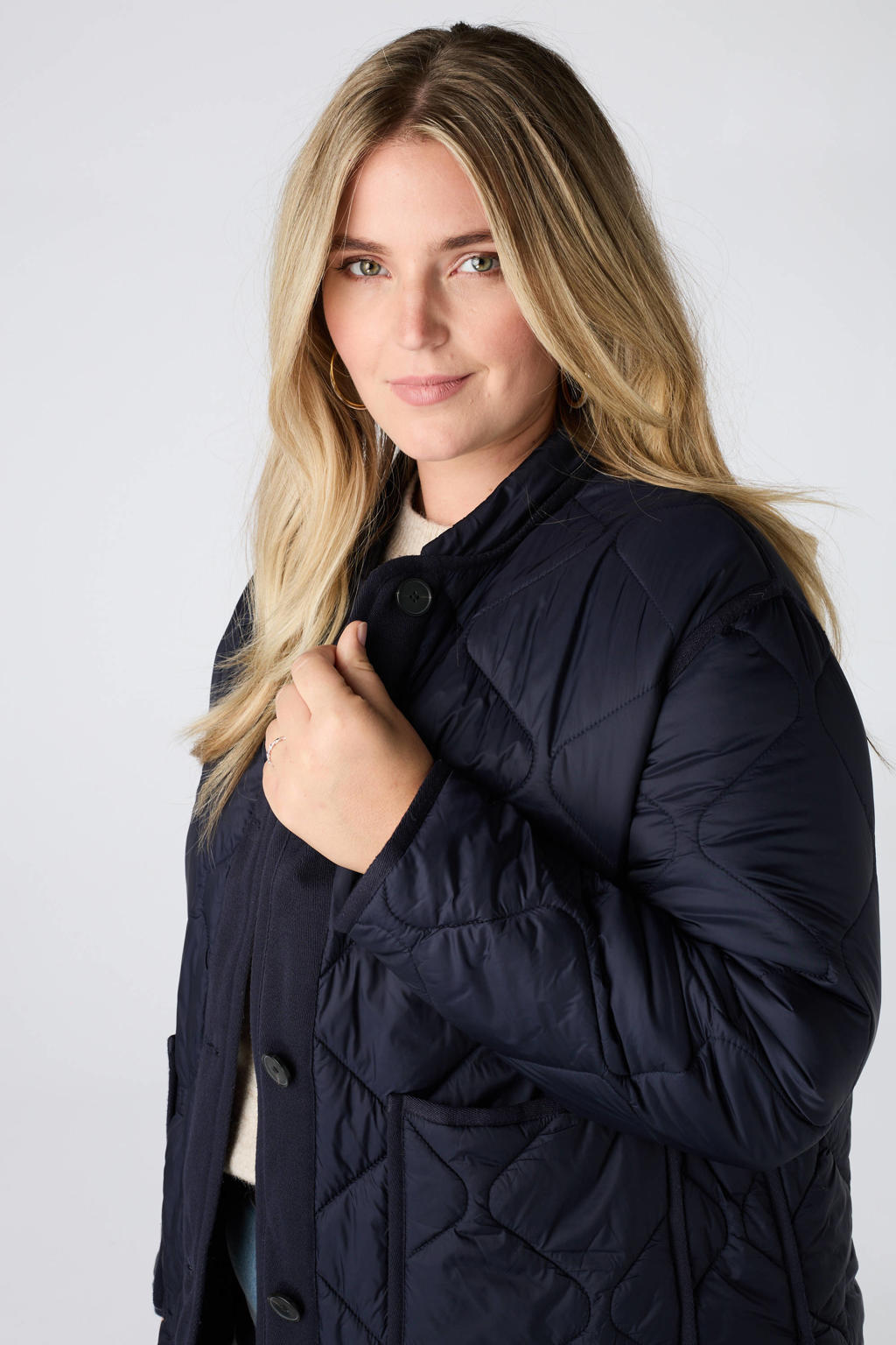 Donkerblauwe dames MS Mode gewatteerde jas Plus Size met effen, lange mouwen, opstaande kraag en drukknoopsluiting