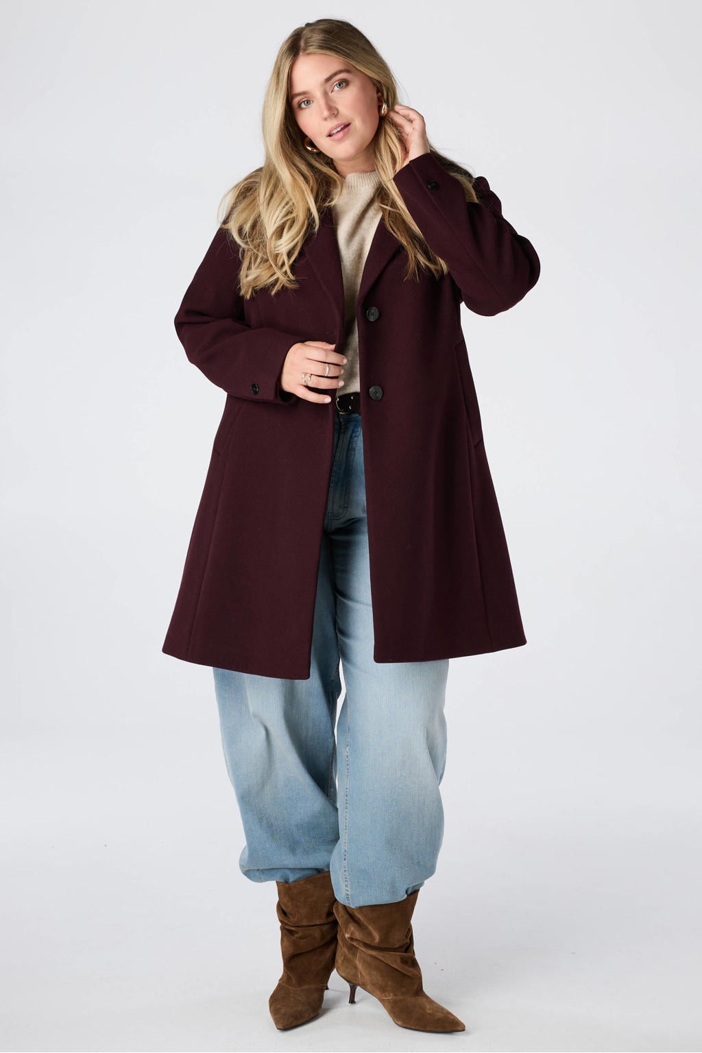 Donkerrode dames MS Mode manteljas Plus Size van polyester met effen, lange mouwen en klassieke kraag