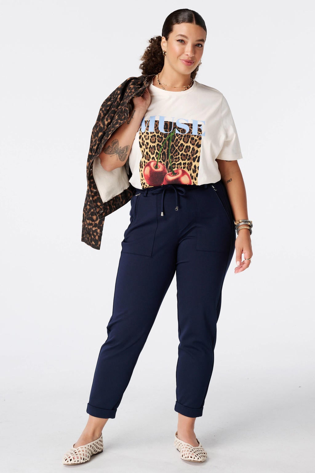 Donkerblauwe dames MS Mode slim fit broek Plus Size van viscose met regular waist, elastische tailleband en effen
