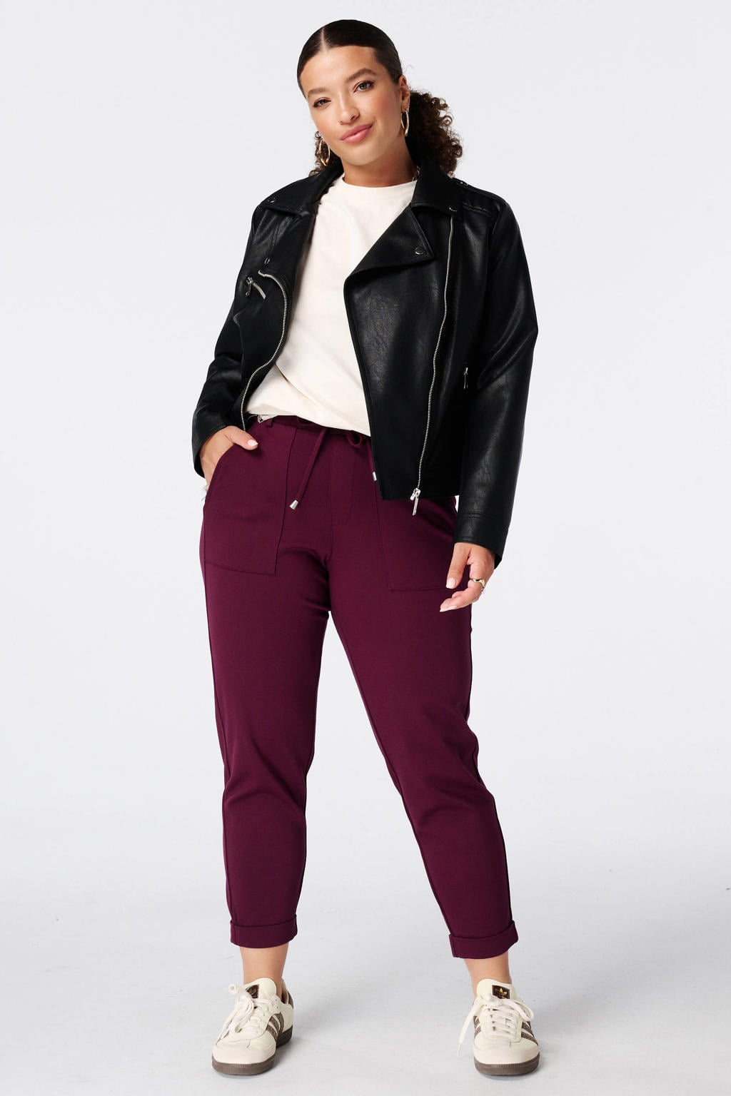 Donkerrode dames MS Mode slim fit broek Plus Size van viscose met regular waist, elastische tailleband en effen