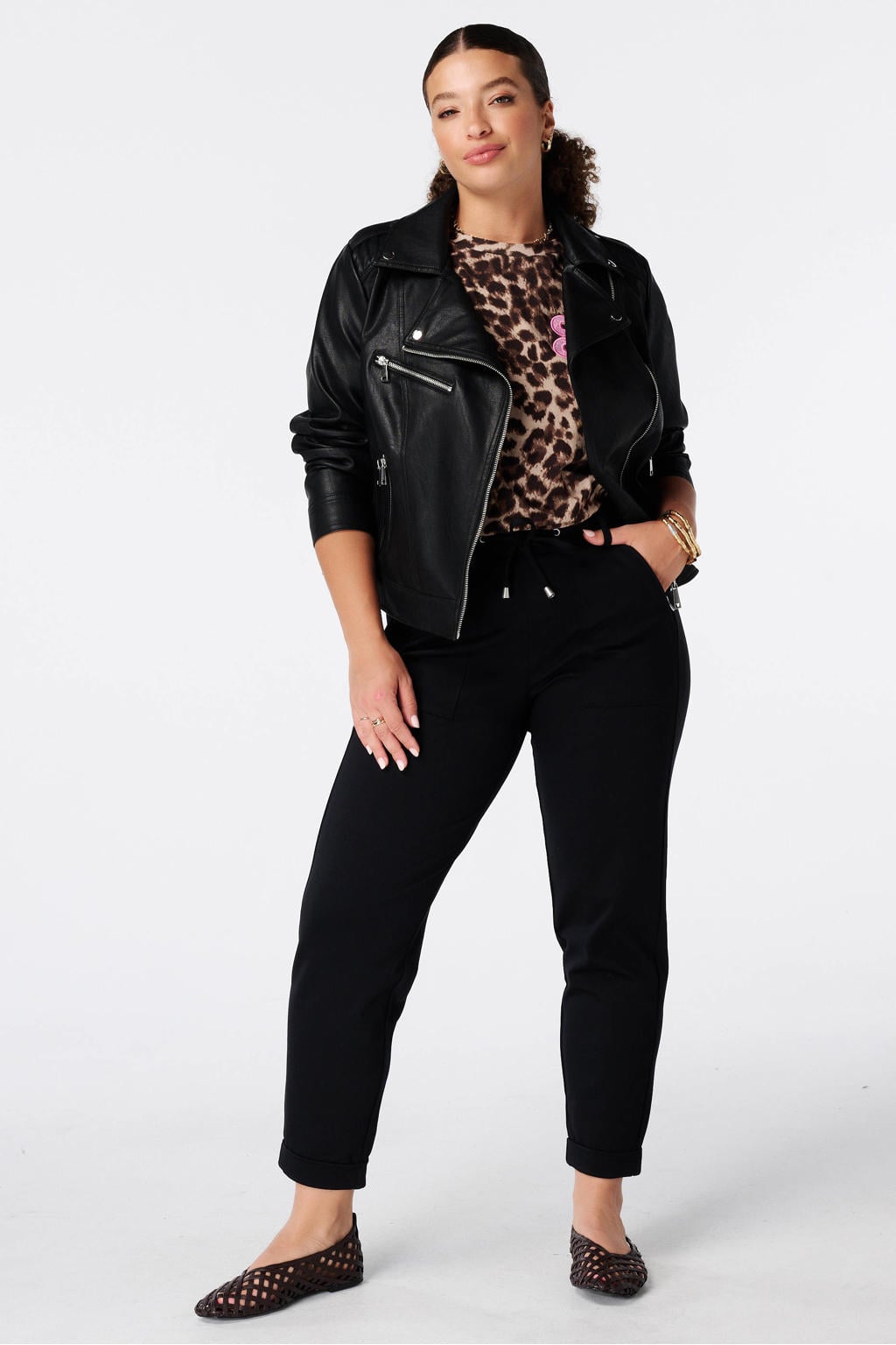 Zwarte dames MS Mode slim fit broek Plus Size van viscose met regular waist, elastische tailleband en effen