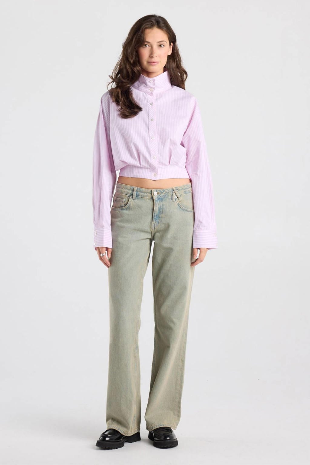 America Today gestreepte blouse met plooien - lichtroze/wit