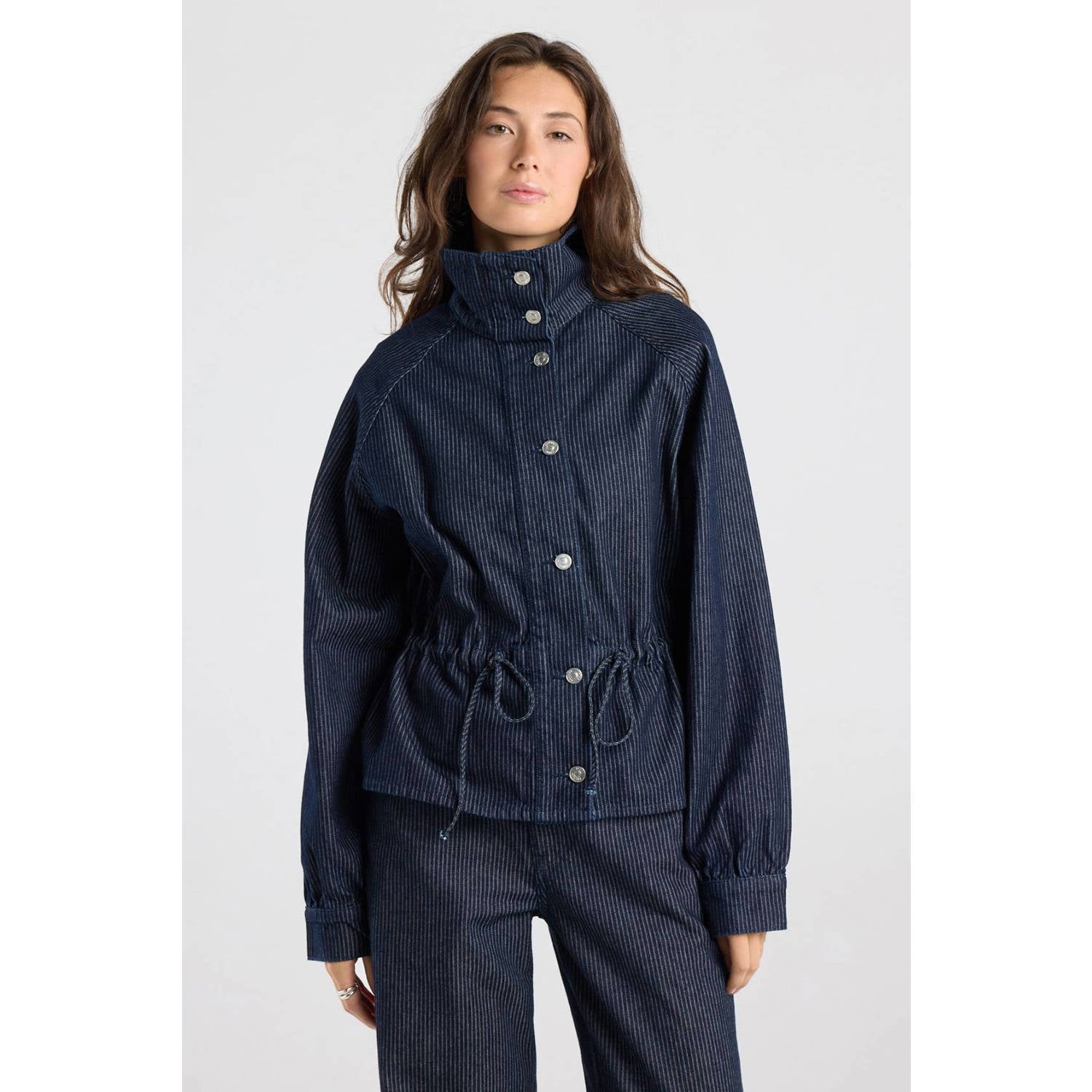 America Today katoenen gestreepte spijkerjas donkerblauw